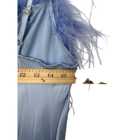 NEW Sleeper Boheme Feather Slip Dress Blue Satin Midi Size M Ostrich Versatile - Picture 10 of 11